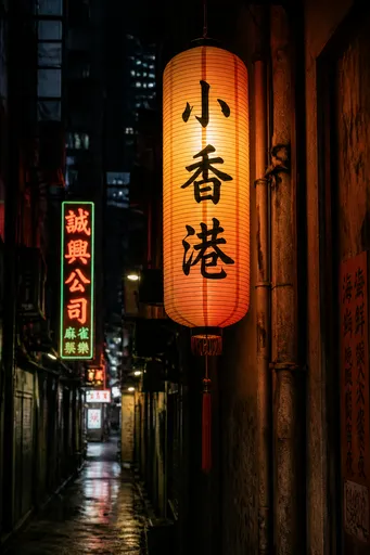 香港深夜後巷，一盞寫住「小香港」嘅大燈籠，兩旁霓虹招牌，濕地反光，電影感