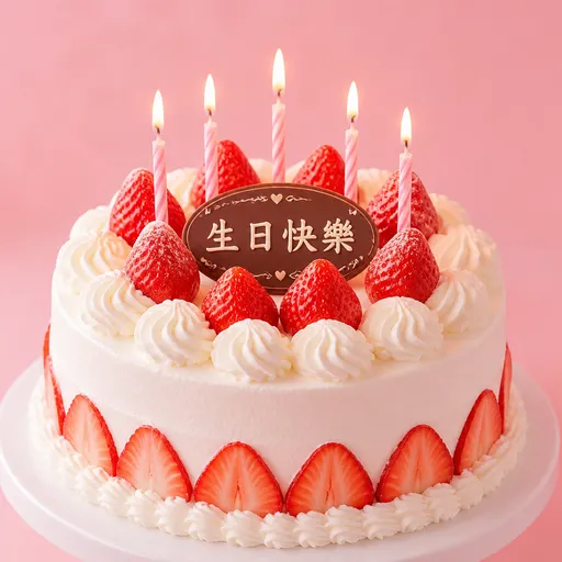 士多啤梨忌廉生日蛋糕，插住蠟燭，朱古力牌寫住「生日快樂」，粉色背景，柔光
