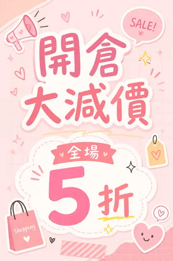 IG story 開倉大減價 template，寫住「開倉大減價 全場5折」，粉色系，可愛手繪貼紙元素