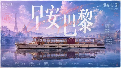 围绕任意主题对象生成带有旅行刊物叙事感的海报视觉，让主题提供一个可被侧向展开、轮廓清楚且具有真实材质细节的核心对象，并把它横向安置在画面中下部，形成稳定的视觉地平线；对象上方留出辽阔空气感，下方接入完整而略暗、略柔的镜面倒影，使实体与倒影沿水平界面紧密相连，倒影保持可辨识结构并被轻微水纹、透明度衰减和冷色环境反射软化。背景以主题语义派生的宏大自然环境充满全场，用层层膨胀、边缘柔软却体积清晰的云雾状景观建立高远空间，亮部集中在上方与中心，远处层次降低反差，近处环境继续进入反射区域，让上下两个世界产生近乎对称但不机械复制的回声。以超大高反差中文宋体骨架承载主标题，白色字形横贯中部，笔画纤细锐利、竖向结构挺拔、字距紧凑，部分字符被核心对象遮挡，仍凭露出的笔画保持完整阅读；再叠加一组主题派生的荧光色英文手写连笔字，斜向跨越云层、中文标题与画面边缘，长扫笔、回环线和越界延伸制造速度与自由感，形成印刷正文字体与奔放笔迹的强烈张力。将日期、短句、栏目名、双语说明与细线徽章分散在上缘、左右边缘和倒影留白处，采用纤细窄体衬线、轻量无衬线与小型图标混排；字号跨度明显，局部贴边、错位、压图或被圆环标记勾住，底缘再排列一组细小符号与短文形成连续的信息带，保持主标题压倒性突出，同时让次要信息具有可探索的杂志密度。色彩从未来主题提取色相而不固定具体色值：最大面积使用明亮、洁净、高饱和的冷色环境场，核心对象采用面积较小但厚重温暖的互补色，文字以高明度中性色承担清晰结构，只允许极少量接近发光的酸性色用于手写字、圆圈和细线标记；保持冷色开阔、暖色亲近、亮色活跃的情绪关系，整体通透鲜明，不转为低饱和灰雾或棕黄旧化。质感呈现纸张印刷后扫描的轻微年代痕迹：细密均匀的纸纤维与颗粒覆盖色块、照片和文字，实色区域有微弱墨量起伏，云雾与倒影保留柔和网点感，边缘偶有极轻的色版偏移和压缩粗粝，但主体轮廓、白字内区与高光仍相对干净；不要用全局污渍破坏清澈天空与鲜亮色阶。最终保持云雾环境、横向对象、超大标题、越层手写线与镜像倒影彼此咬合，第一眼先读到对象与大字共同形成的旅行宣言，随后才发现边注、徽章和底部信息带，避免把各元素拆成互不关联的装饰模块。
____
主题：城市元素+早安+今日宜忌+2026-07-30

比例16:9

一共10个图片
每个图片，不同的城市， 不同的色相逻辑。比如主色是红色、绿色、蓝色、黄色、紫色等等