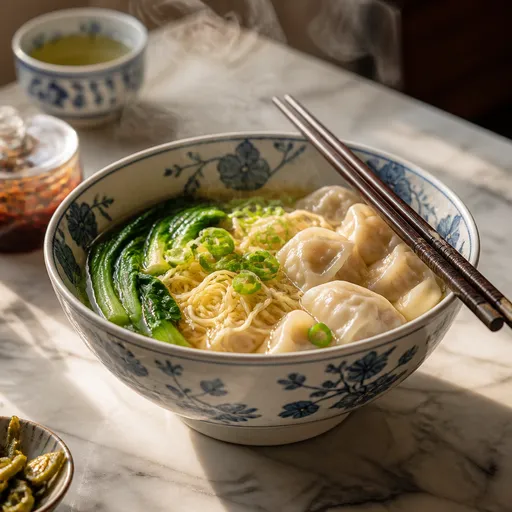 雲吞麵 close-up，青花瓷碗，蒸氣，大理石檯面，午後陽光，食物攝影