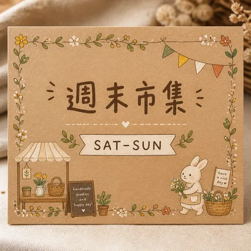 週末手作市集檔口卡片，寫住「週末市集 SAT–SUN」，牛皮紙質感，手繪花邊，溫暖插畫風