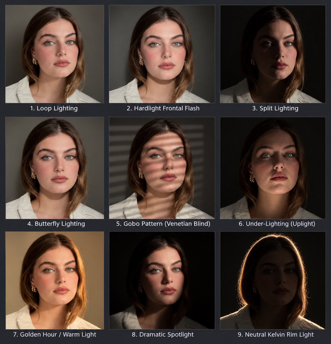 A 3x3 photo grid presented as a single image on a dark grey background. Each of the nine grid cells contains a different portrait of the same subject from the uploaded image, maintaining the perfect character consistency, outfit and pose across all panels. Below each individual portrait, a clean sans-serif text label with a number and name is clearly displayed.
The grid layout and lighting setups are:
- Top row, left to right:
Loop Lighting (Flattering 3/4 light with a small loop of shadow from the nose onto the cheek)
Hardlight Frontal Flash (direct front facing, harsh flashlight with deep frontal shadows)
Split Lighting (dramatic light on only one side of the face, leaving the other side completely dark)
- Middle row, left to right:
Butterfly Lighting (classic symmetrical light from the front, slightly high, with a small shadow under the nose)
Gobo Pattern (Venetian Blind)' (light projected through Venetian blinds, creating linear shadows across the face and clothes, the shadow can also be scene on the background)
Under-Lighting (Uplight)' (light coming from below, creating reverse shadows and a moody look)
- Bottom row, left to right:
Golden Hour / Warm Light' (bathed in soft, golden, warm light from a side angle)
Dramatic Spotlight (hard, narrow circular beam of light, with a deep chiascuro effect and crushed blacks)
Neutral Kelvin Rim Light' (intense backlighting with no front fill, creating a distinct glowing outline around the hair and shoulders, leaving the face in darkness, against a black background).
The perspective and features remain identical in all panels, with only the specified lighting changing to match the label.