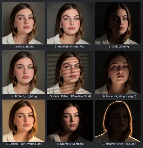 A 3x3 photo grid presented as a single image on a dark grey background. Each of the nine grid cells contains a different portrait of the same subject from the uploaded image, maintaining the perfect character consistency, outfit and pose across all panels. Below each individual portrait, a clean sans-serif text label with a number and name is clearly displayed.
The grid layout and lighting setups are:
- Top row, left to right:
Loop Lighting (Flattering 3/4 light with a small loop of shadow from the nose onto the cheek)
Hardlight Frontal Flash (direct front facing, harsh flashlight with deep frontal shadows)
Split Lighting (dramatic light on only one side of the face, leaving the other side completely dark)
- Middle row, left to right:
Butterfly Lighting  (classic symmetrical light from the front, slightly high, with a small shadow under the nose)
Gobo Pattern (Venetian Blind)' (light projected through Venetian blinds, creating linear shadows across the face and clothes, the shadow can also be scene on the background)
Under-Lighting (Uplight)' (light coming from below, creating reverse shadows and a moody look)
- Bottom row, left to right:
Golden Hour / Warm Light' (bathed in soft, golden, warm light from a side angle)
Dramatic Spotlight  (hard, narrow circular beam of light, with a deep chiascuro effect and crushed blacks)
Neutral Kelvin Rim Light' (intense backlighting with no front fill, creating a distinct glowing outline around the hair and shoulders, leaving the face in darkness, against a black background).
The perspective and features remain identical in all panels, with only the specified lighting changing to match the label.