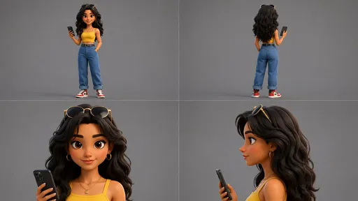 A 4-view character reference sheet of a stylish 20-year-old girl with long wavy black hair, trendy sunglasses pushed up on her head, wearing a yellow crop top and high-waist jeans, holding a smartphone. 3D animated cartoon style, CGI animated feature film quality, NOT photorealistic. Views: FULL BODY FRONT, FULL BODY REAR, FRONT CLOSE-UP, PROFILE CLOSE-UP. Neutral grey background, clean studio lighting, no text or watermarks. High quality, 4K, 16:9 ratio.