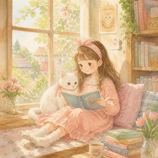 水彩插畫：少女坐喺窗邊同白貓一齊睇書，下午陽光，溫柔粉彩色調，繪本風