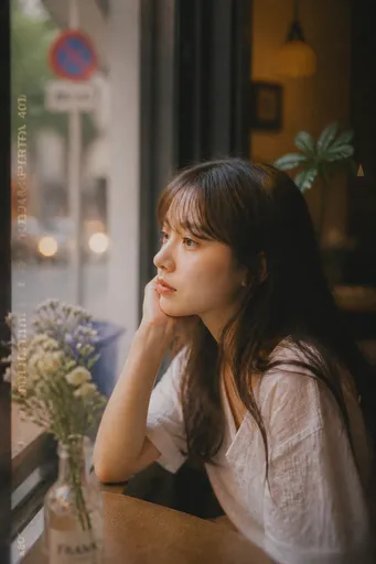菲林感人像：cafe 內少女望窗外，Kodak 色調，淺景深，35mm 質感