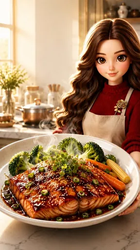 Ultra-realistic 3D Pixar/Disney-inspired food advertisement featuring a beautiful young woman with large expressive brown eyes, soft flawless skin, long voluminous wavy brown hair, and a warm friendly smile. She wears a deep burgundy knit sweater, a beige linen apron, and a small elegant gold rose brooch. She stands in a luxurious modern home kitchen bathed in warm golden morning sunlight, softly blurred background with marble countertops, copper cookware, glass jars, fresh herbs, and cozy premium kitchen décor. She holds a large white ceramic plate close to the camera featuring a perfectly cooked teriyaki glazed salmon fillet coated in a rich glossy caramelized sauce, garnished with sesame seeds, sliced green onions, fresh microgreens, and light steam rising naturally. The plate is surrounded by vibrant steamed broccoli, baby carrots, and baby corn with realistic textures and colors. Cinematic food photography, shallow depth of field, premium restaurant presentation, ultra-detailed, hyper-realistic textures, soft golden-hour lighting, cozy luxury atmosphere, vibrant color grading, crisp focus, elegant composition, commercial food advertisement style, no text, no logo, no watermark, clean background, 8K, vertical 2:3 aspect ratio.