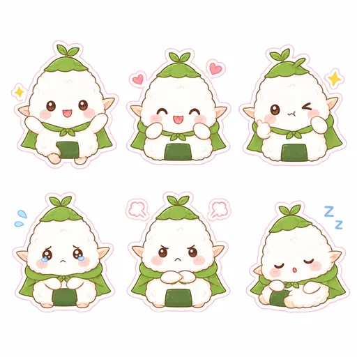飯糰小精靈 mascot sticker sheet，六個表情，白底，粉彩描邊，kawaii 風
