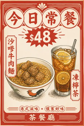 香港茶餐廳「今日常餐」海報，復古港式風格，紅白配色，寫住「今日常餐 $48」「沙嗲牛肉麵」「凍檸茶」，手繪感插圖