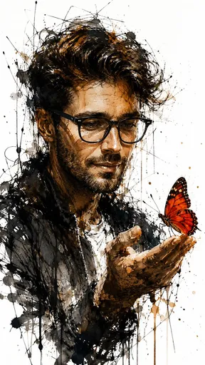 A raw, expressive ink and watercolor portrait of a man (image Uploaded), in three-quarter view, holding a delicate red-orange butterfly on his outstretched hand; frenetic, gestural black ink lines, splatters and drips form rough cross-hatching and scribbled contours, contrasted with warm washes of brown and burnt sienna on skin and hair, the butterfly rendered with vivid red and subtle white highlights for fragile contrast; stark white negative background, high-contrast lighting, tactile mixed-media texture, emotional, contemplative mood, loose sketchy strokes, dynamic energy, fine detail around face and hand, atmospheric, minimalist composition, painterly yet graphic, evocative and melancholic, --ar 9:16