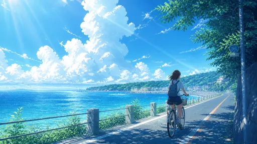 夏日海邊單車，藍天白雲，新海誠風景 anime 風格，通透光影