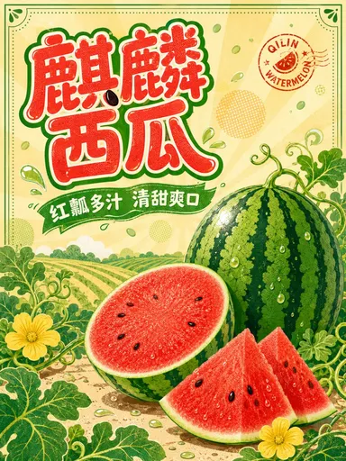 竖版3:4麒麟西瓜主题商业海报，正视平面设计，奶油黄色满版背景，加入低对比浅橙太阳放射纹与淡绿色瓜籽散点。画面右下放置一颗完整椭圆麒麟西瓜、半切西瓜和两块错落瓜瓣，准确表现深绿色纵向条纹、薄绿瓜皮、鲜红细腻瓜瓤、少量自然黑籽与晶莹汁水；左上使用粗壮圆润、拙趣活泼的手绘字体呈现“麒麟西瓜”，文字为果肉红填色、奶油白内线、墨绿色外描边，一粒瓜籽与局部笔画巧妙互动但不影响识读；副标题“红瓤多汁 清甜爽口”置于绿色波浪飘带，英文“QILIN WATERMELON”作为弧形小印章。背景增加瓜田垄线、卷曲藤蔓、瓜花、小水滴和半调圆点，前景用放大叶片框住画面边缘。高饱和Q版矢量插画、复古丝网印刷颗粒、清晰平涂层次，保留印刷裁切安全区，禁止黑色背景。