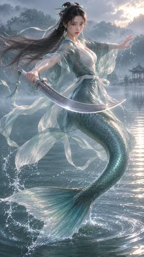 【ChatGPT Image适配版｜青青·雾湖旋身月牙刀】

生成一张 9:16竖向、单人、完整人身青鱼尾可见、电影级真人写实质感 的东方神话人物画面。

迷雾笼罩的幽静湖面之上，五百年道行的青鱼精“青青”显露出人身鱼尾形态。她悬于水面寸许，正以一记流畅、克制的旋身刀势划开逼近湖面的邪气。