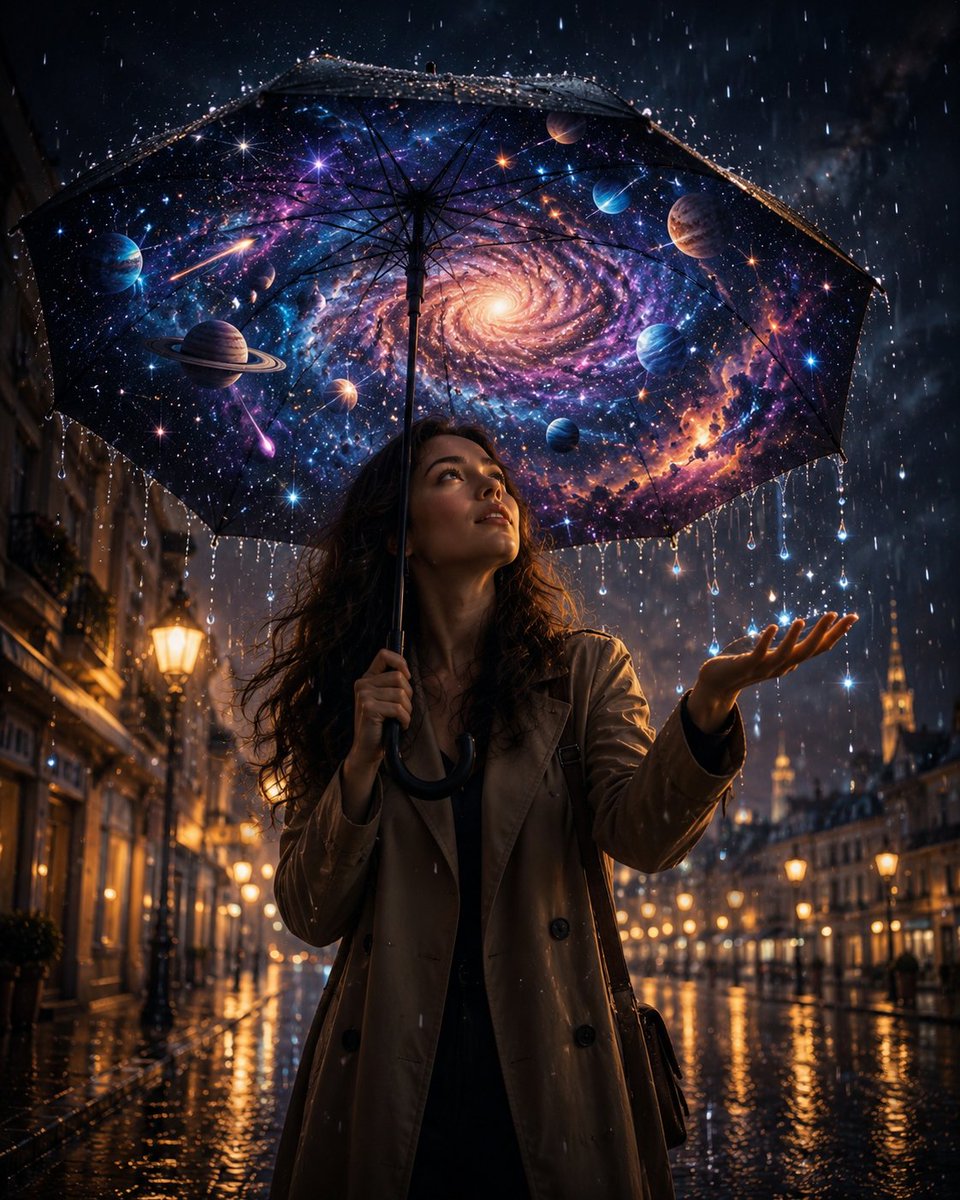 Create a breathtaking cinematic fantasy scene on a charming European street just after sunset during a gentle rain. A beautiful young woman wearing an elegant long coat and flowing dress slowly opens a classic black umbrella. Instead of ordinary fabric, the inside of the umbrella reveals an entire living universe filled with magnificent spiral galaxies, glowing nebulae, colorful planets, distant moons, comets, constellations, and brilliant stars stretching infinitely overhead.
As she gazes upward in quiet wonder, tiny stars begin falling from the umbrella like delicate raindrops, glowing softly before disappearing into the wet cobblestone street. Every raindrop reflects miniature galaxies, while the puddles mirror the entire universe above. Soft golden street lamps blend beautifully with the cool blue, violet, turquoise, and magenta light radiating from the cosmic umbrella, creating a magical harmony between reality and space.
Around her, historic European architecture, flower-filled balconies, vintage cafés, and glowing windows create a timeless atmosphere. A few curious birds fly through the cosmic sky inside the umbrella while gentle mist drifts across the street. The rain remains soft and elegant, with sparkling droplets suspended in the air. Rich reflections cover the wet pavement, enhancing the dreamlike lighting.
The composition should feel peaceful, emotional, and impossible yet completely believable. Hyper-realistic, cinematic masterpiece, impossible realism, volumetric lighting, god rays, atmospheric perspective, ultra-detailed textures, HDR, 8K, Unreal Engine quality, award-winning fantasy photography, magical realism, National Geographic meets fantasy cinema, dramatic color contrast, no text, no logos, no watermark, vertical 4:5 composition.
