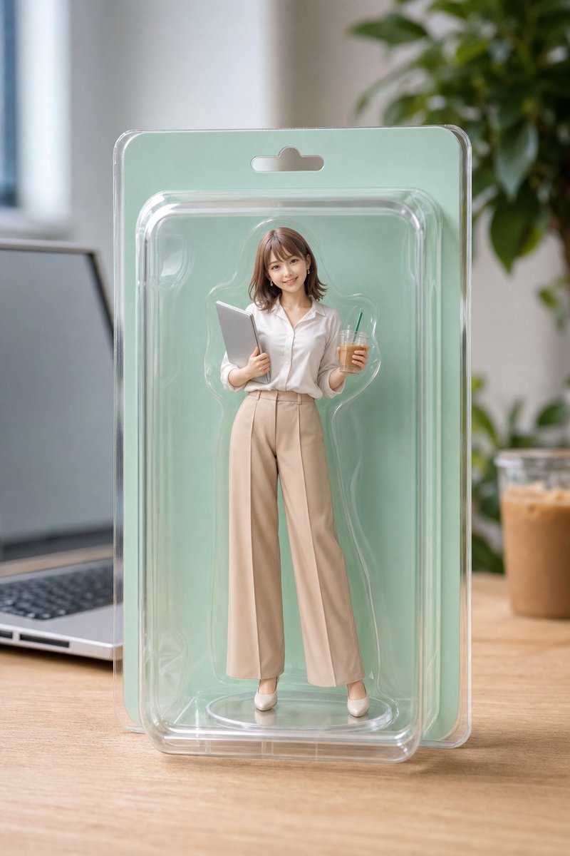 商品撮影風の超リアルな写真。透明ブリスターパック入りの美少女フィギュアが、Web制作会社のおしゃれなデスクの上に置かれている構図。フィギュアは28歳くらいの日本人女性で、アイドルや女優級に完璧に整った目鼻立ち、透明感のある肌、明るい茶色のミディアムヘア。カジュアルなオフィスコーデ(白のブラウスにベージュのワイドパンツ)、片手にノートPC、もう片手にアイスコーヒーのカップを持つ立ちポーズ。表情は好奇心いっぱいの明るい笑顔。台座付きの1/7スケールフィギュアで、PVC素材特有のマットな質感と塗装のグラデーションを精密に再現。パッケージは文字やロゴのない無地のミントグリーンの厚紙台紙。背景はぼかしたオフィス風景で、MacBookや観葉植物、ラテのカップが写り込む。50mm単焦点レンズ、f/2.8の浅い被写界深度、柔らかい自然光が窓から差し込むライティング、色調は明るくクリーンなナチュラルトーン。手指は自然な5本指で崩れなし。AIっぽい過剰なツヤやテカリは避け、実際の商品写真のような質感にすること。