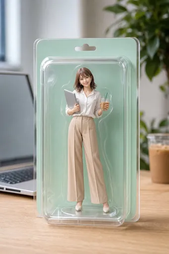 商品撮影風の超リアルな写真。透明ブリスターパック入りの美少女フィギュアが、Web制作会社のおしゃれなデスクの上に置かれている構図。フィギュアは28歳くらいの日本人女性で、アイドルや女優級に完璧に整った目鼻立ち、透明感のある肌、明るい茶色のミディアムヘア。カジュアルなオフィスコーデ（白のブラウスにベージュのワイドパンツ）、片手にノートPC、もう片手にアイスコーヒーのカップを持つ立ちポーズ。表情は好奇心いっぱいの明るい笑顔。台座付きの1/7スケールフィギュアで、PVC素材特有のマットな質感と塗装のグラデーションを精密に再現。パッケージは文字やロゴのない無地のミントグリーンの厚紙台紙。背景はぼかしたオフィス風景で、MacBookや観葉植物、ラテのカップが写り込む。50mm単焦点レンズ、f/2.8の浅い被写界深度、柔らかい自然光が窓から差し込むライティング、色調は明るくクリーンなナチュラルトーン。手指は自然な5本指で崩れなし。AIっぽい過剰なツヤやテカリは避け、実際の商品写真のような質感にすること。